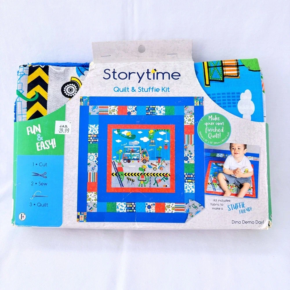 Fabric Editions Storytime Quilt Stuffie Kit Blue Dino Demo Day Construction